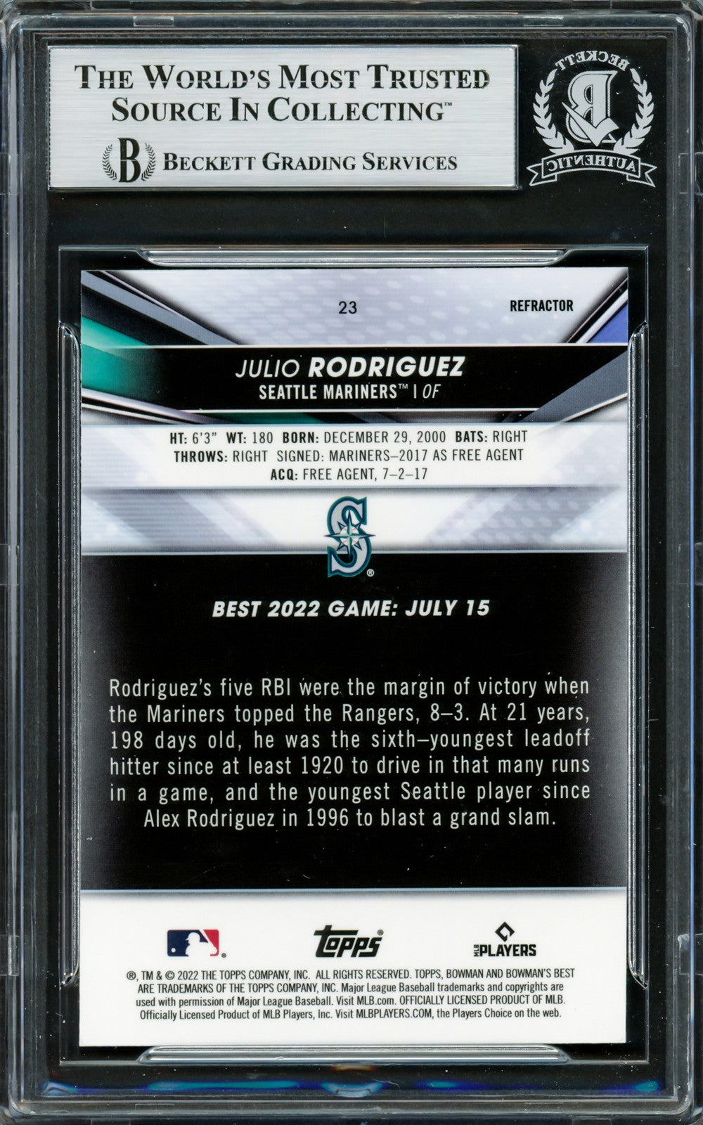 Julio Rodriguez Signed 2022 Bowman's Best Refractor RC 23 Mariners Beckett