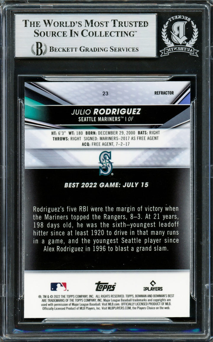 Julio Rodriguez Signed 2022 Bowman's Best Refractor RC 23 Mariners Beckett