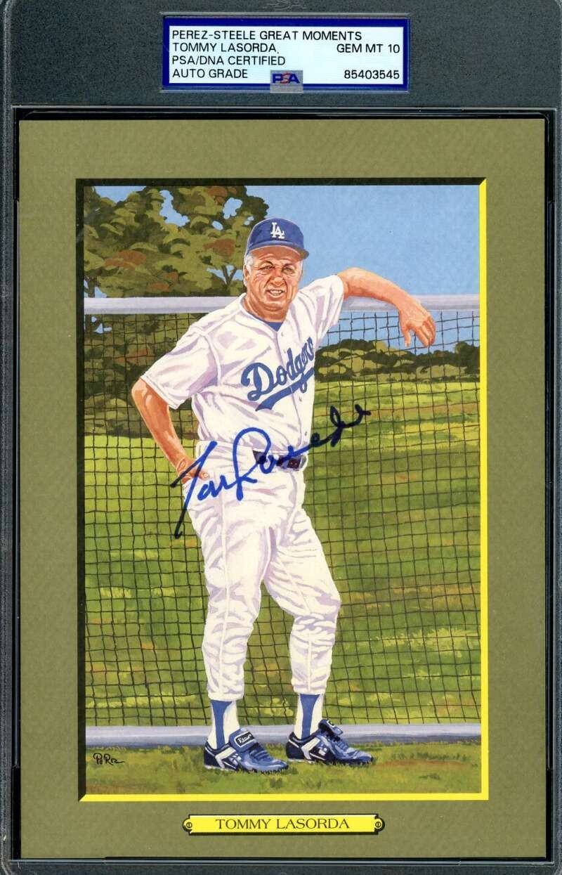 Tommy Lasorda Gem Mint 10 PSA DNA Signed Perez Steele Great Moments Postcard
