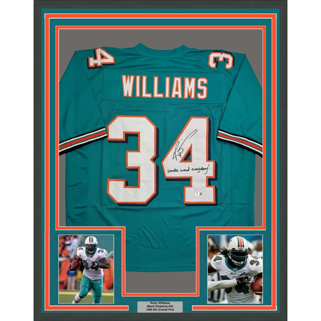 Framed Autographed/Signed Ricky Williams 35x39 Weed Teal Jersey Beckett COA
