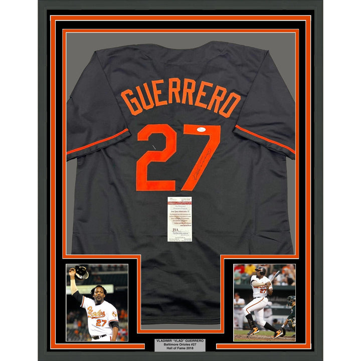 Framed Signed Vladimir Guerrero 35x39 Baltimore Black Jersey JSA COA