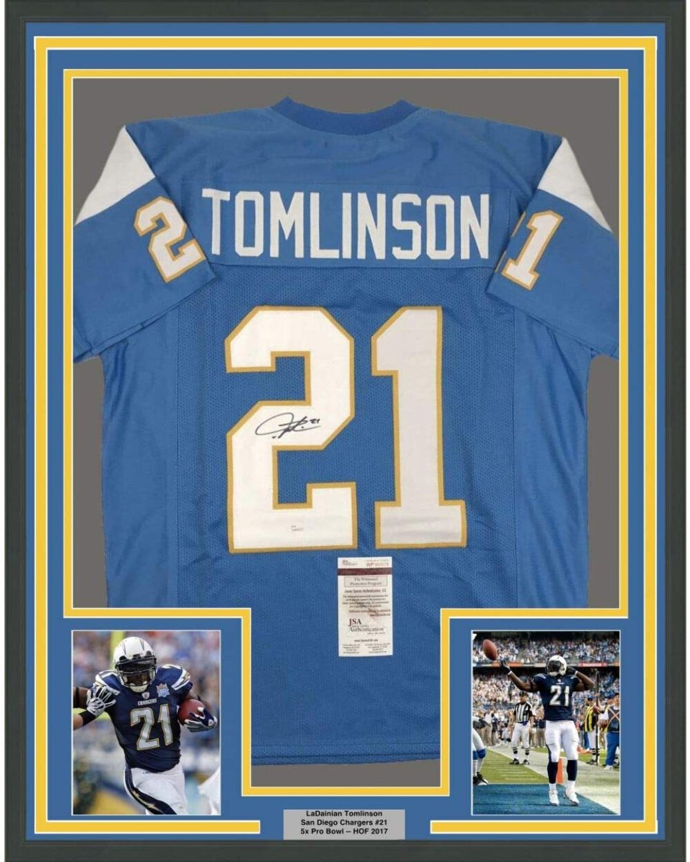 FRAMED Autographed/Signed LADAINIAN TOMLINSON 33x42 Powder Blue Jersey JSA COA
