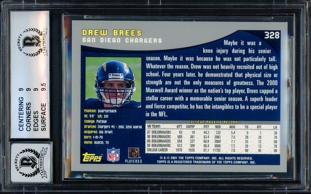 Drew Brees Signed 2001 Topps RC 328 San Diego Chargers BGS 9 Auto GM 10 Beckett