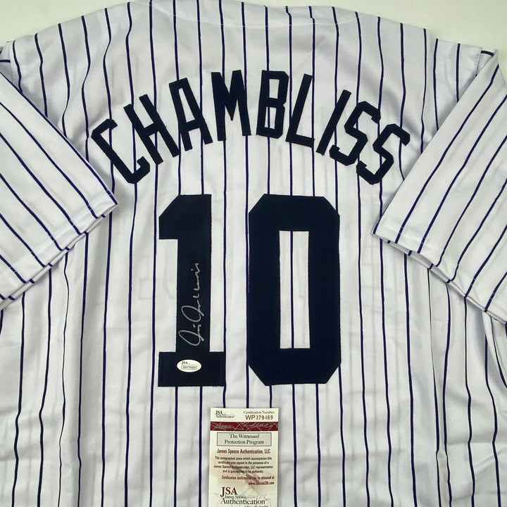 Autographed/Signed Chris Chambliss New York Pinstripe Jersey JSA COA