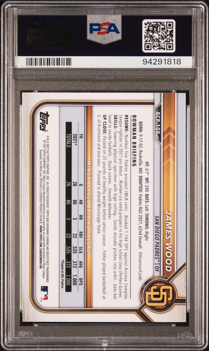 Graded 2022 Topps Bowman James Wood #BCP108 Chrome Prospects RC Card PSA 10