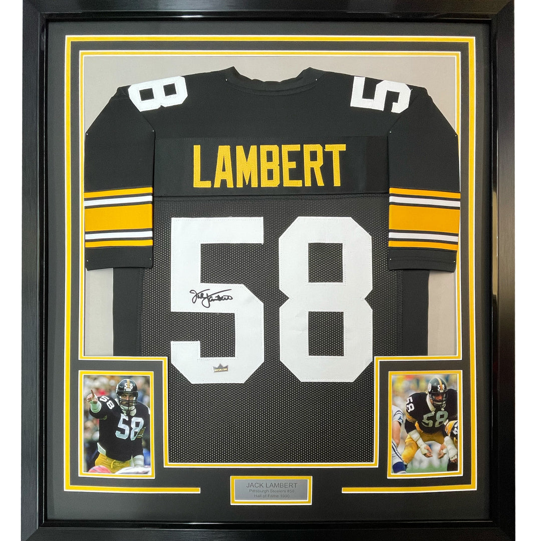 Framed Facsimile Autographed Jack Lambert 33x42 Black Reprint Laser Auto Jersey