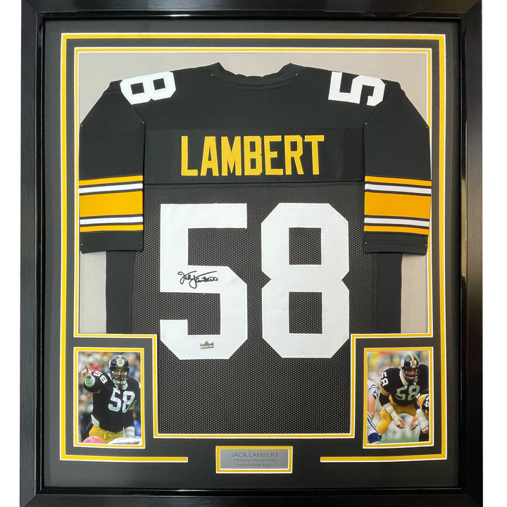 Framed Facsimile Autographed Jack Lambert 33x42 Black Reprint Laser Auto Jersey