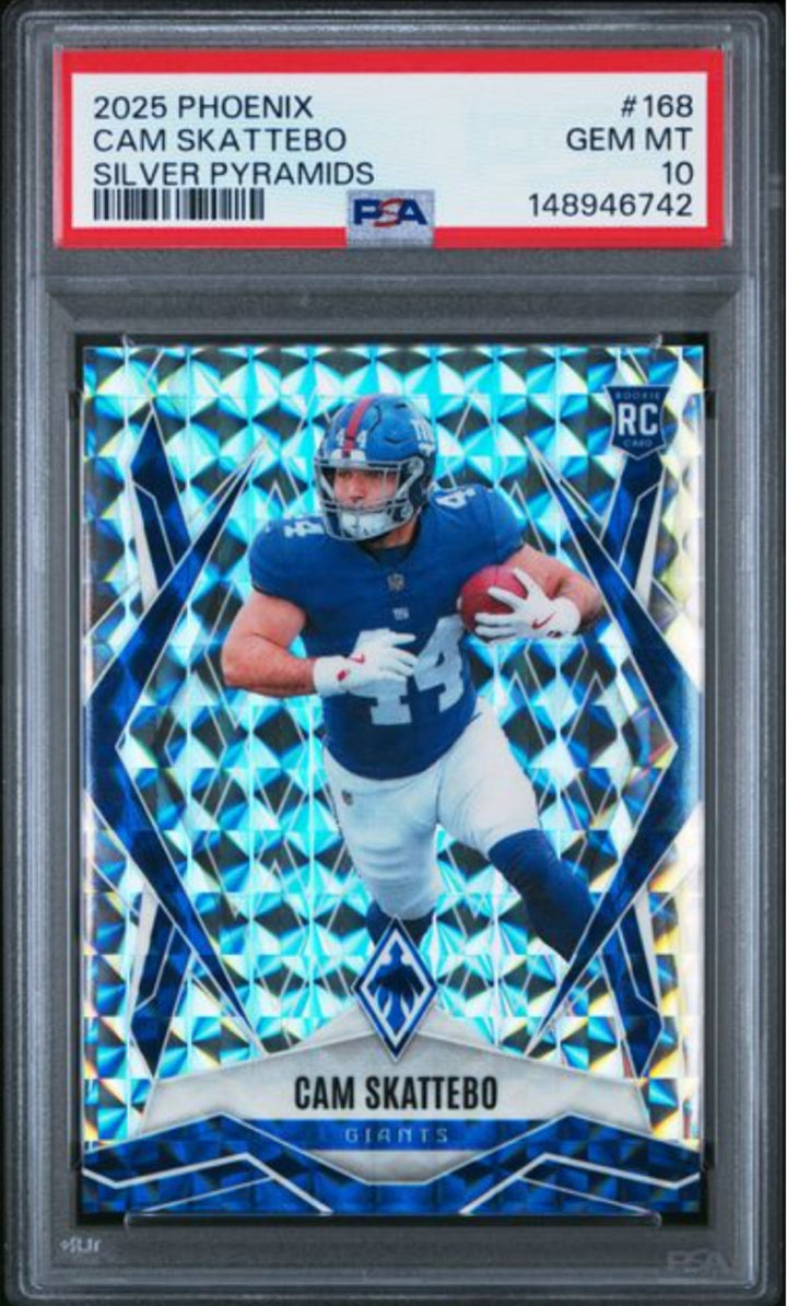 Graded 2025 Panini Phoenix Cam Skattebo #168 Silver Pyramids Rookie Card PSA 10