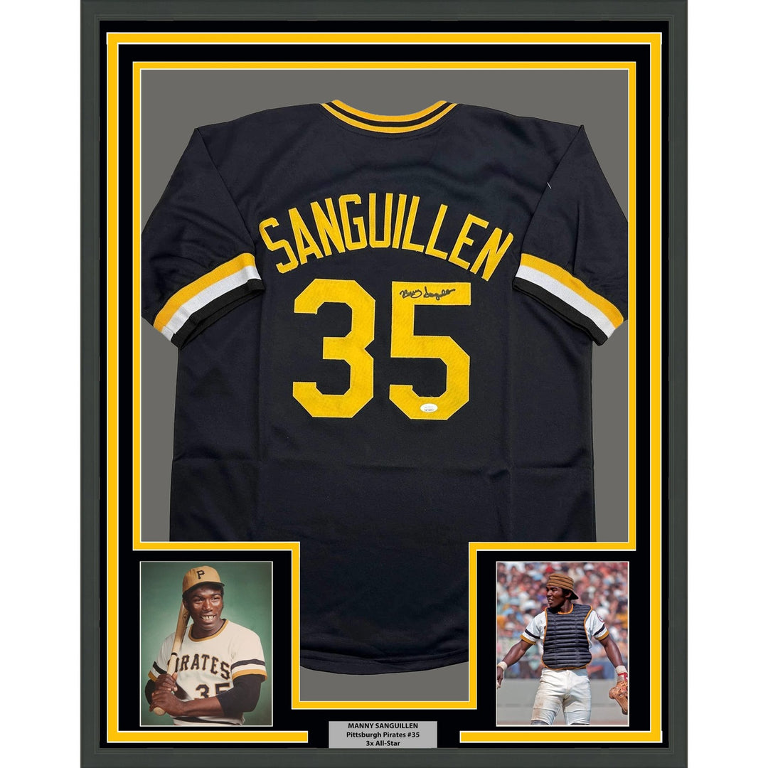Framed Signed Manny Sanguillen 35x39 Pittsburgh Black Jersey JSA COA