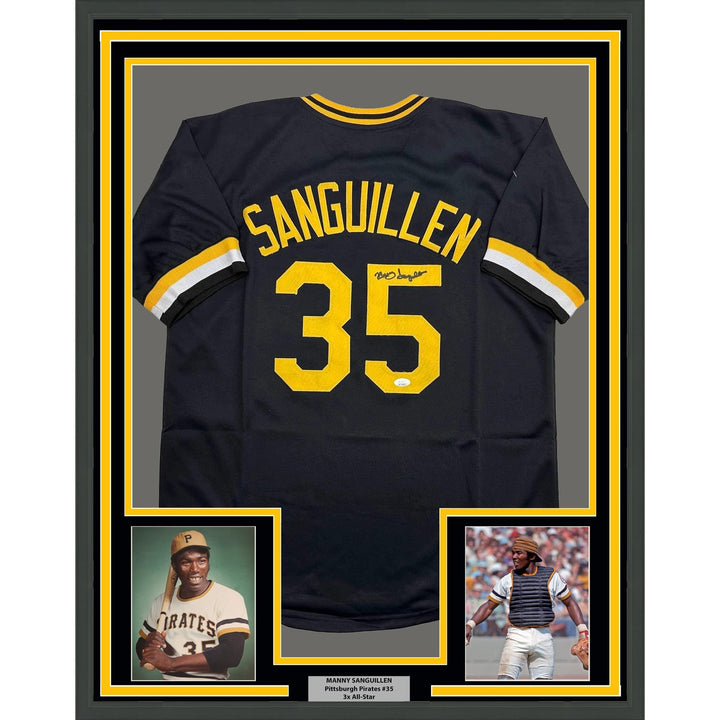 Framed Signed Manny Sanguillen 35x39 Pittsburgh Black Jersey JSA COA