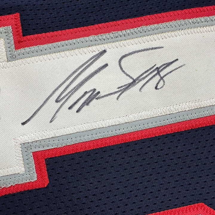 Framed Autographed/Signed Matthew Slater 35x39 New England Blue Jersey COA