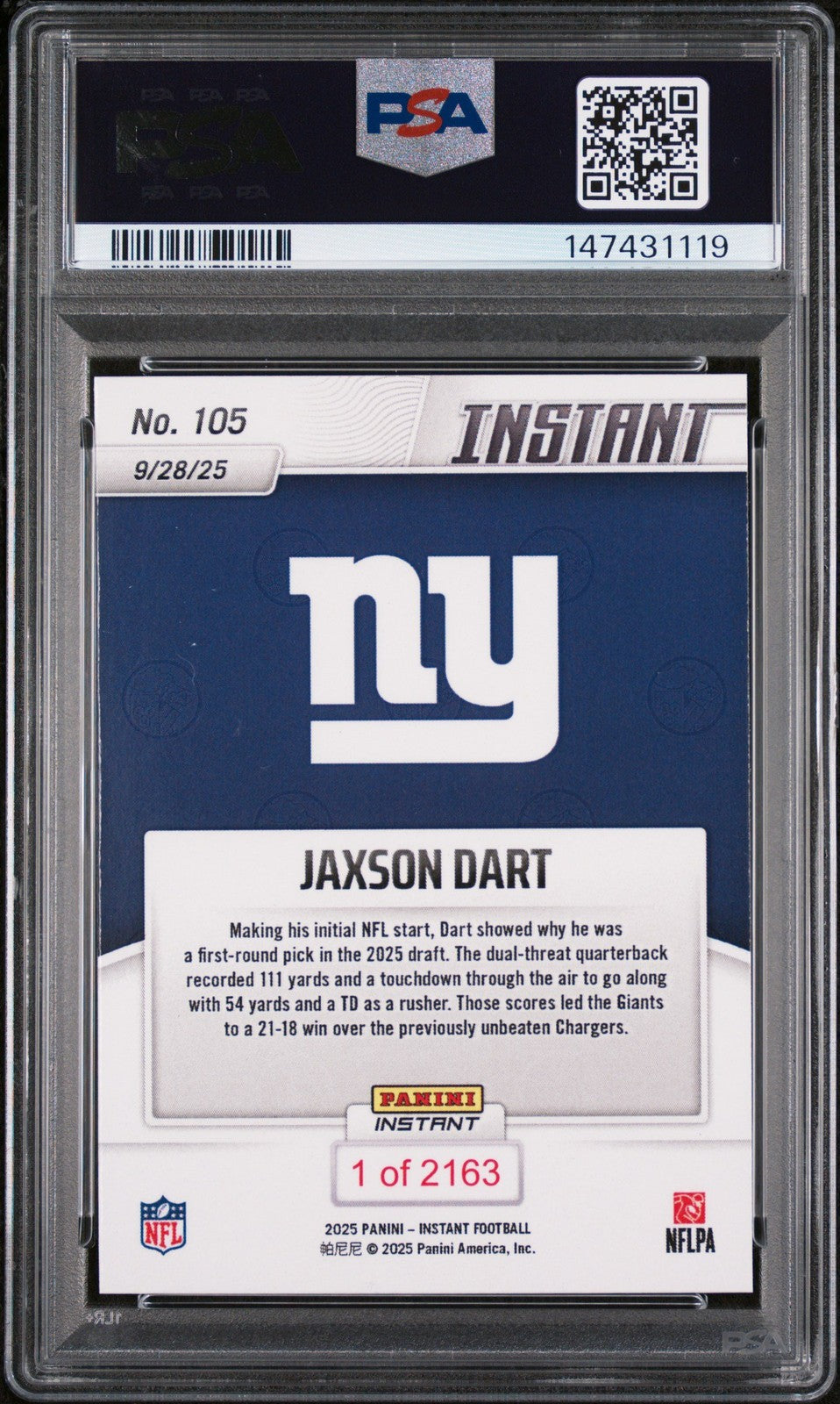 Graded 2025 Panini Instant Jaxson Dart #105 Rookie RC Football Card PSA 10