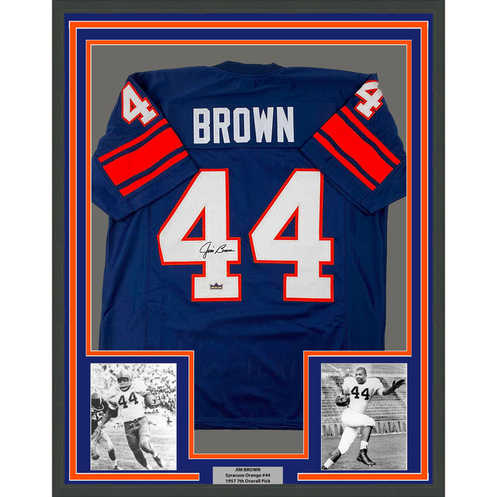 Framed Facsimile Autographed Jim Brown 33x42 Blue Reprint Laser Auto Jersey