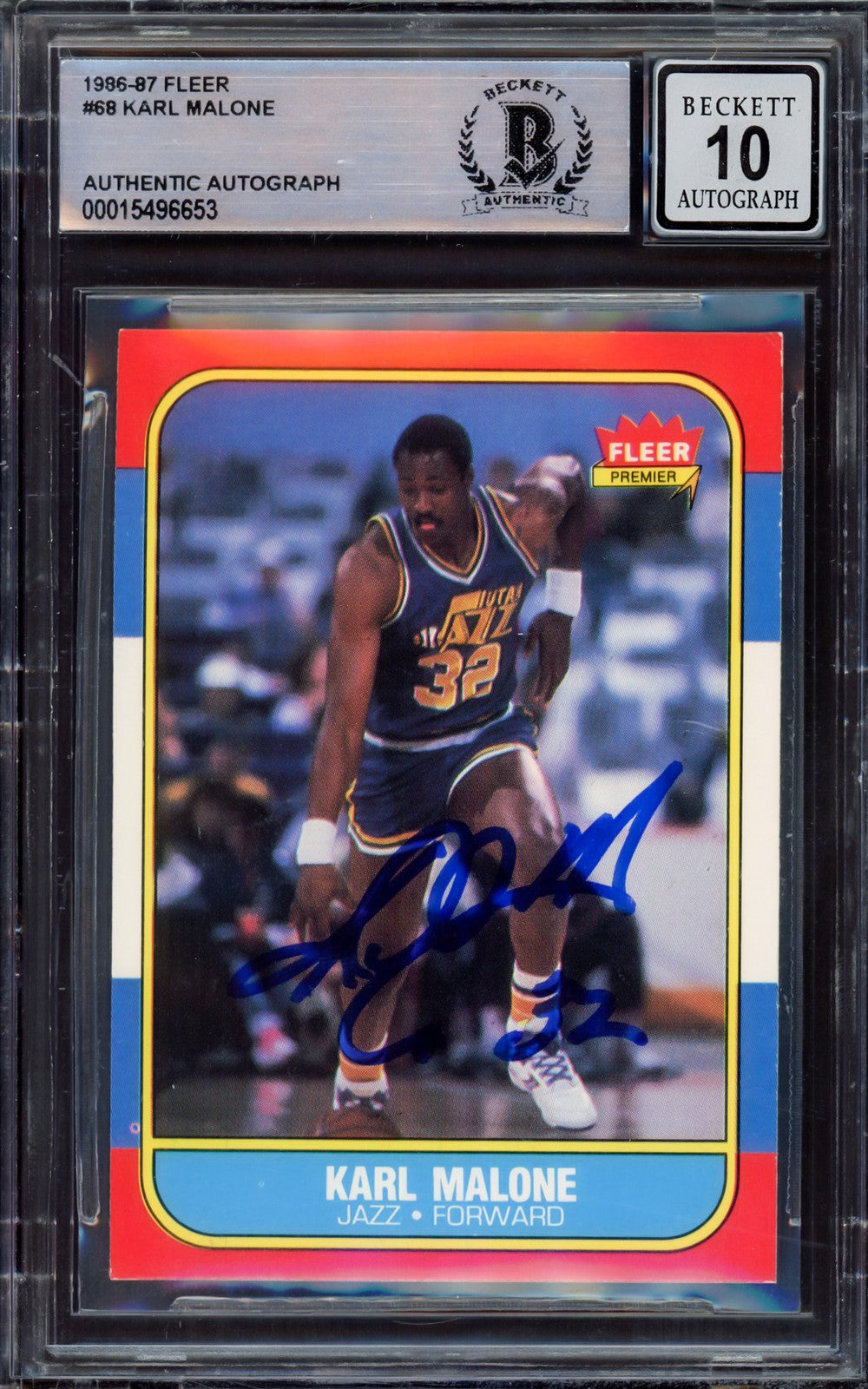 Karl Malone Signed 1986-87 Fleer RC 68 Utah Jazz Auto GM 10 Beckett #15496653