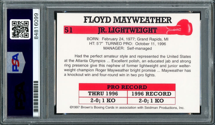 Floyd Mayweather Jr Auto 1997 Browns Boxing Rookie Reprint RC 51 Auto 10 PSA/DNA