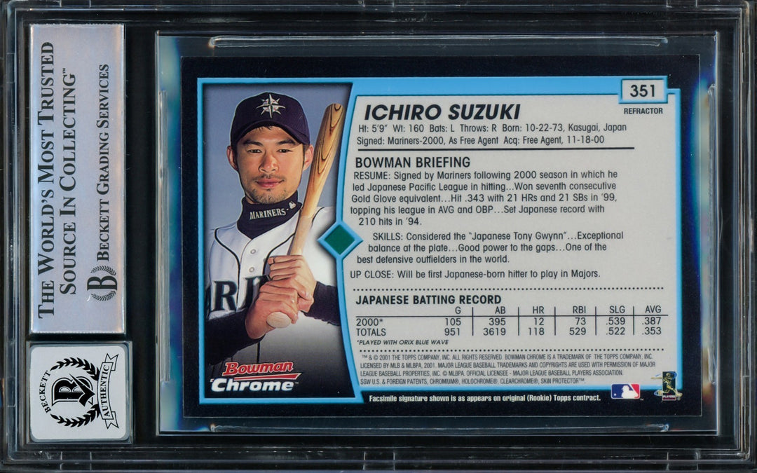 Ichiro Suzuki Auto 2001 Bowman Chrome Refractor RC 351 Sig 10 01 ROY/MVP Beckett