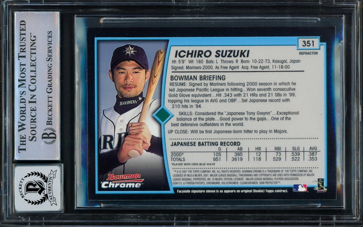 Ichiro Suzuki Auto 2001 Bowman Chrome Refractor RC 351 Sig 10 01 ROY/MVP Beckett
