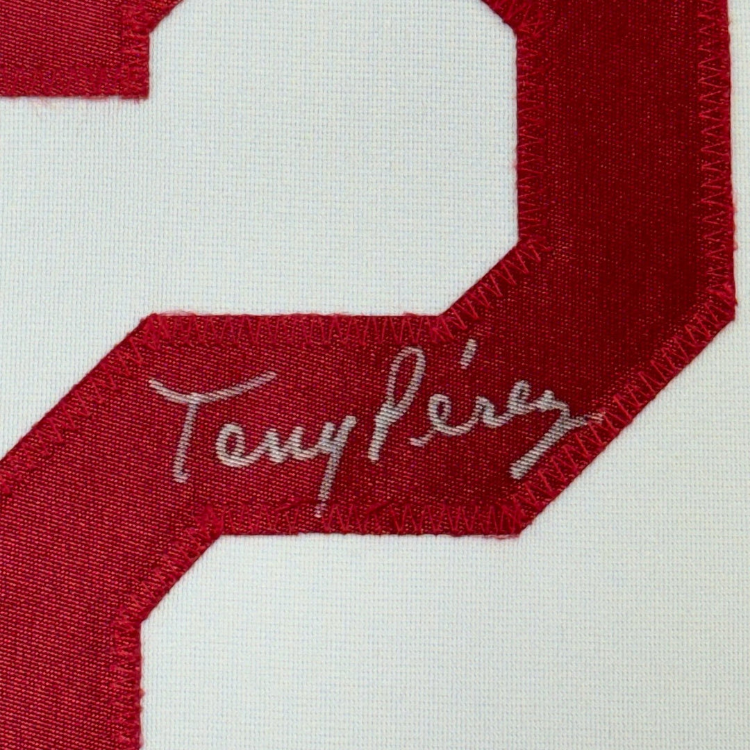 Framed Autographed/Signed Tony Perez 33x42 Cincinnati White Jersey BAS COA