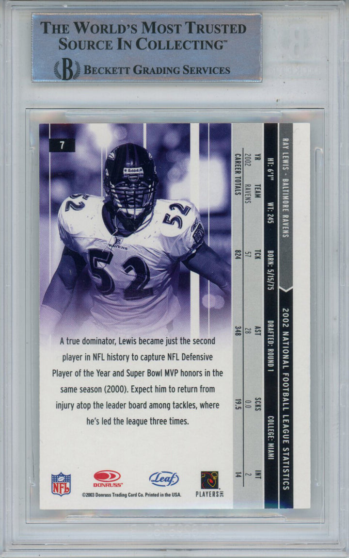 Ray Lewis Signed 2003 Leaf Rookies & Stars #7 Trading Card Beckett Slab 43353