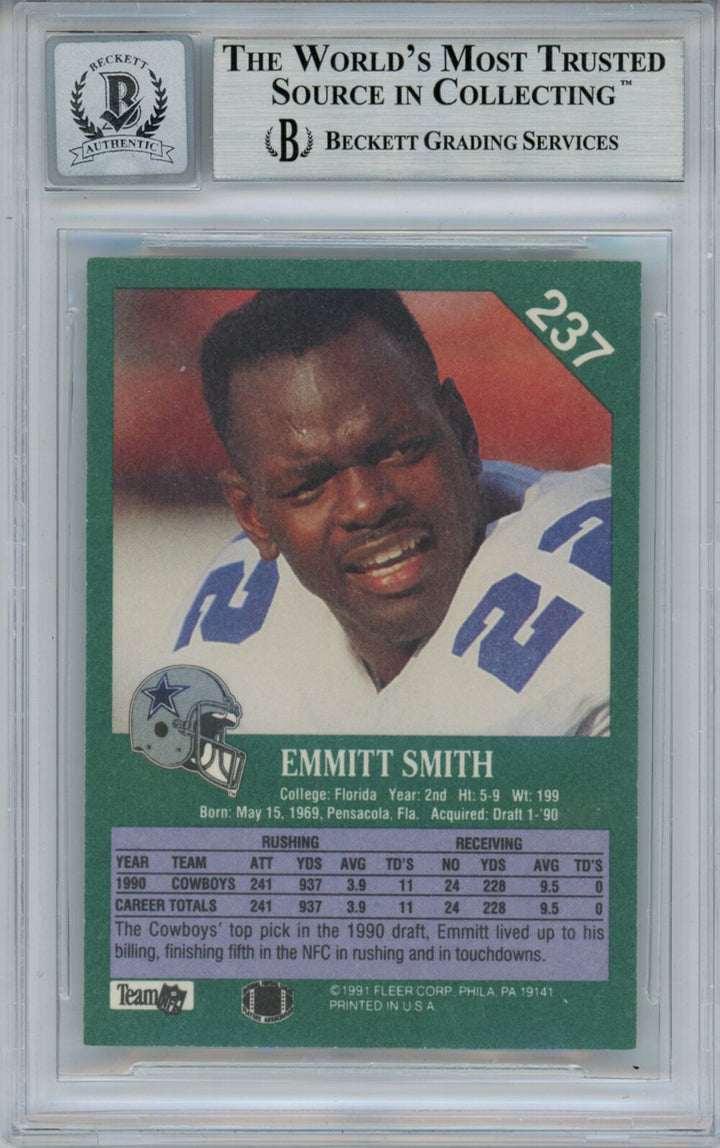 Emmitt Smith Autographed 1991 Fleer #237 Trading Card Beckett 10 Slab 35087
