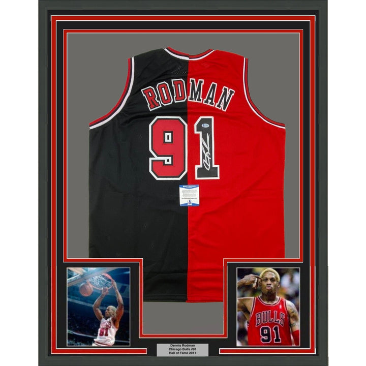Framed Signed Dennis Rodman 35x39 Chicago Split Red/Black Jersey BAS COA