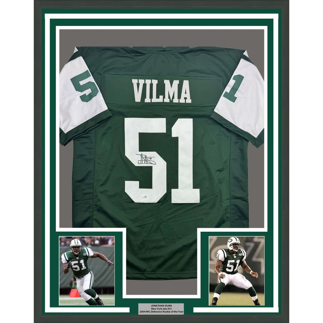 Framed Autographed/Signed Jonathan Vilma 35x39 NY Green Jersey JSA COA