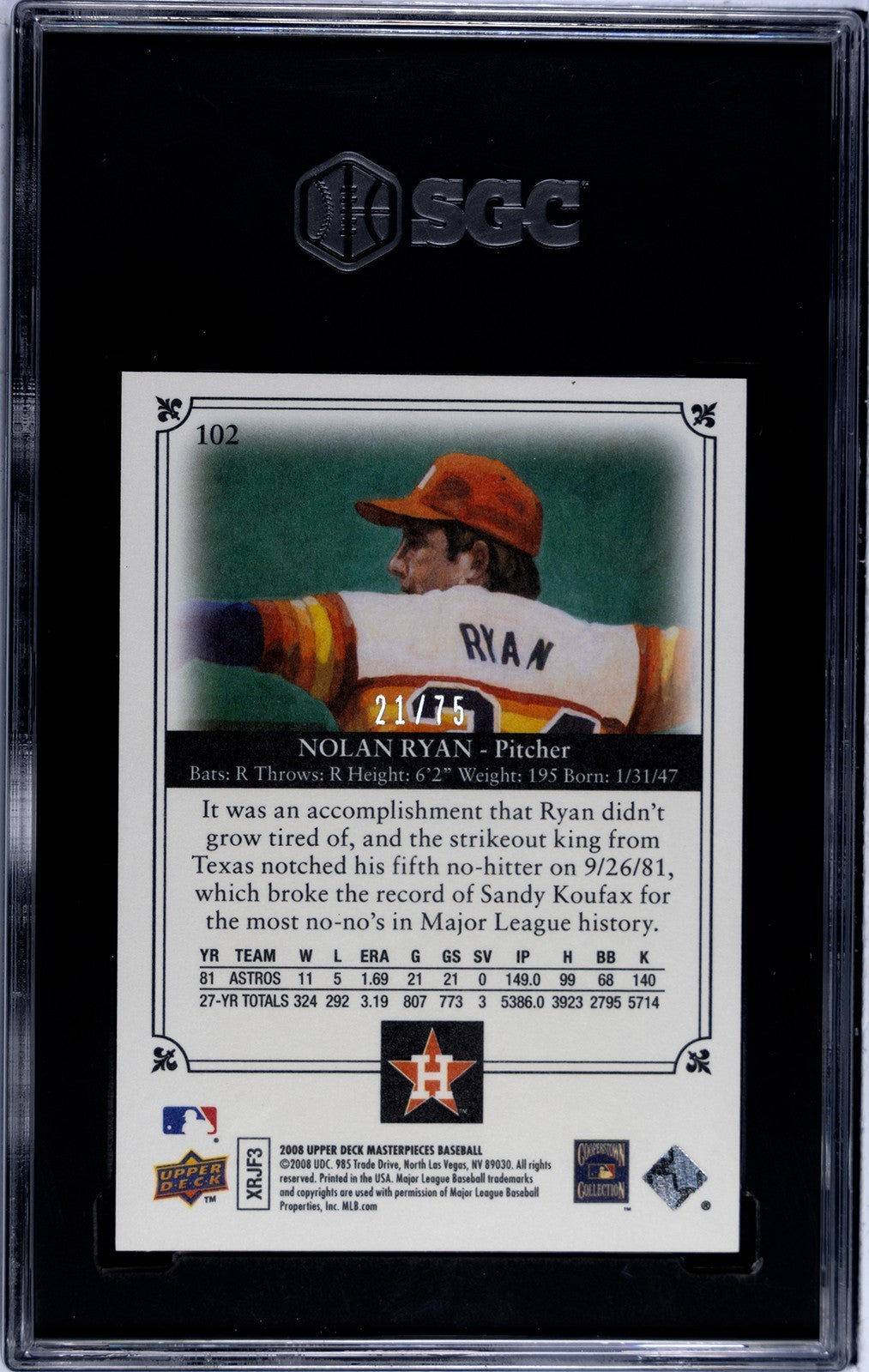 Nolan Ryan 2008 UD Masterpieces Framed Green Card #102- /75- SGC Graded 9 Mint