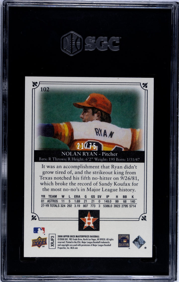 Nolan Ryan 2008 UD Masterpieces Framed Green Card #102- /75- SGC Graded 9 Mint