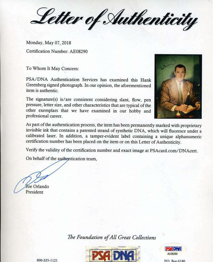 Hank Greenberg JSA Coa Autograph Hand Signed 7x10 Photo