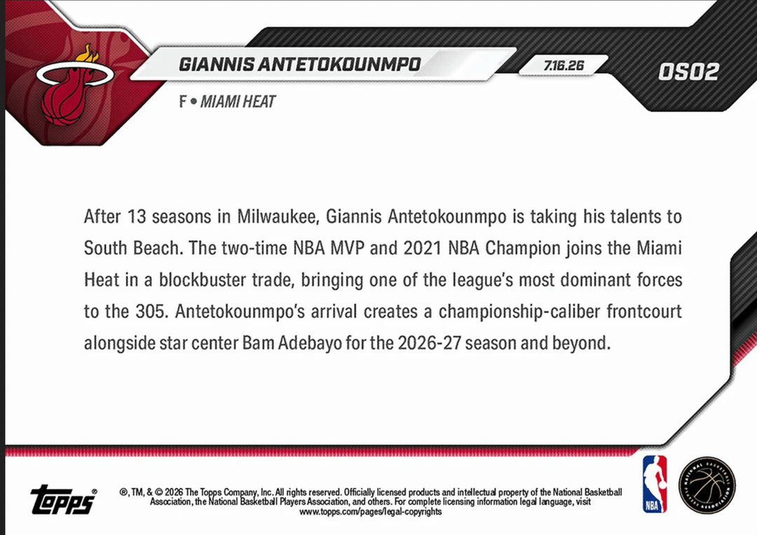 2026 Topps Now Giannis Antetokounmpo #OS02 Gold Foil /50 Basketball Card