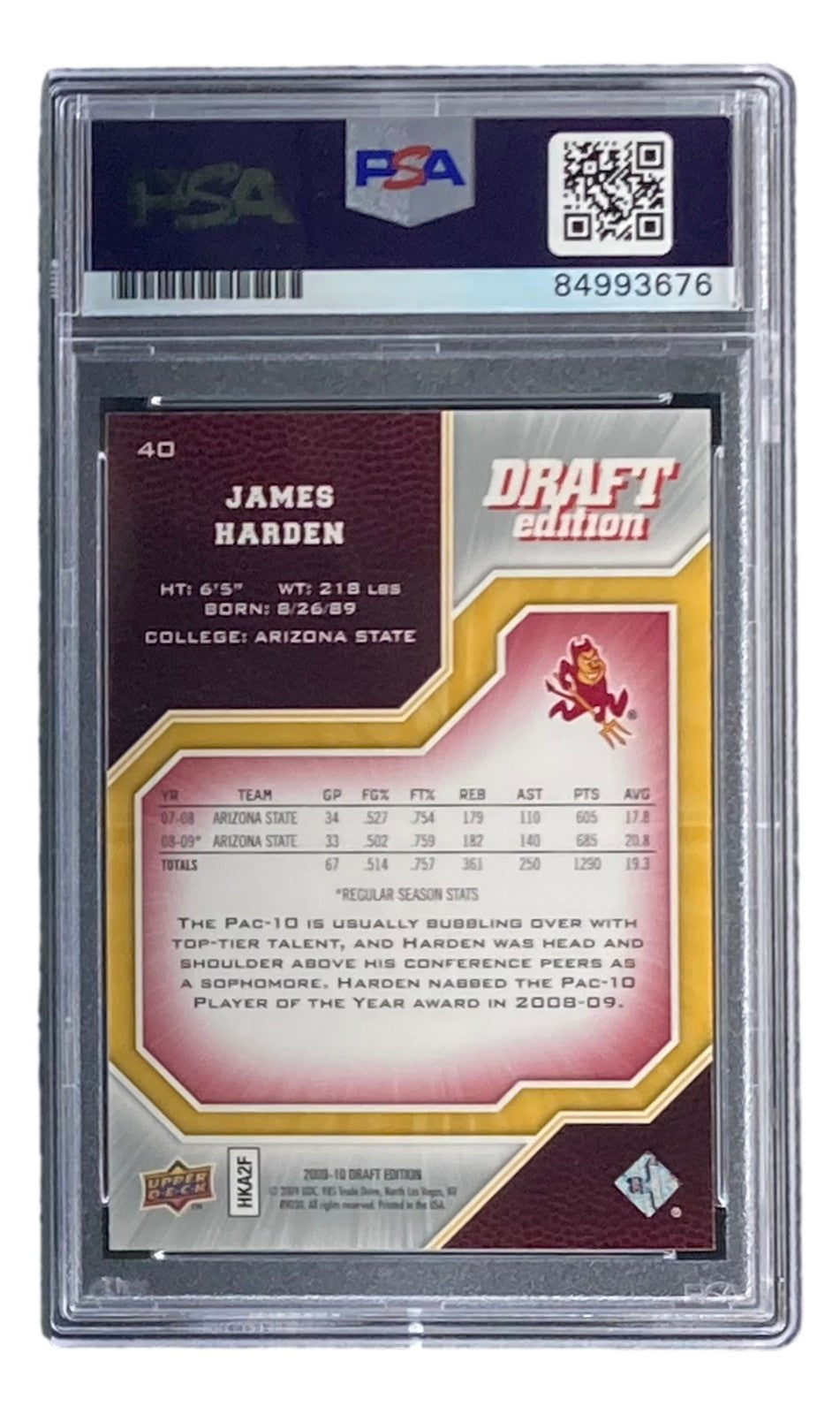 James Harden Signed Slabbed 2009 UD Draft Edition #40 Rookie Card PSA/DNA Gem