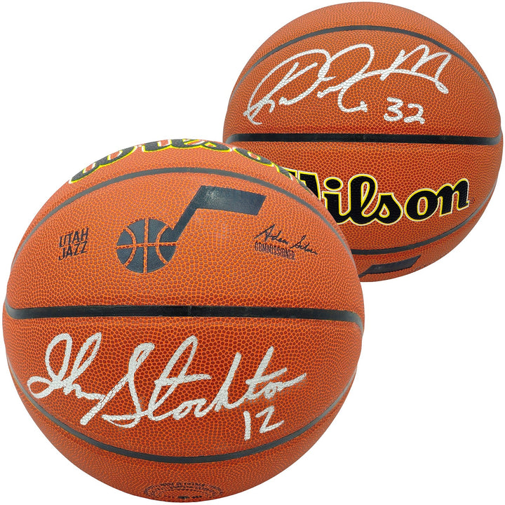 John Stockton & Karl Malone Auto Composite Leather Jazz Logo Basketball Beckett