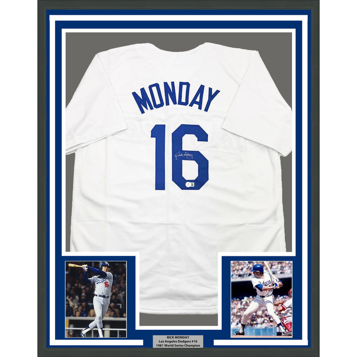Framed Autographed/Signed Rick Monday 35x39 Los Angeles LA White Jersey BAS COA