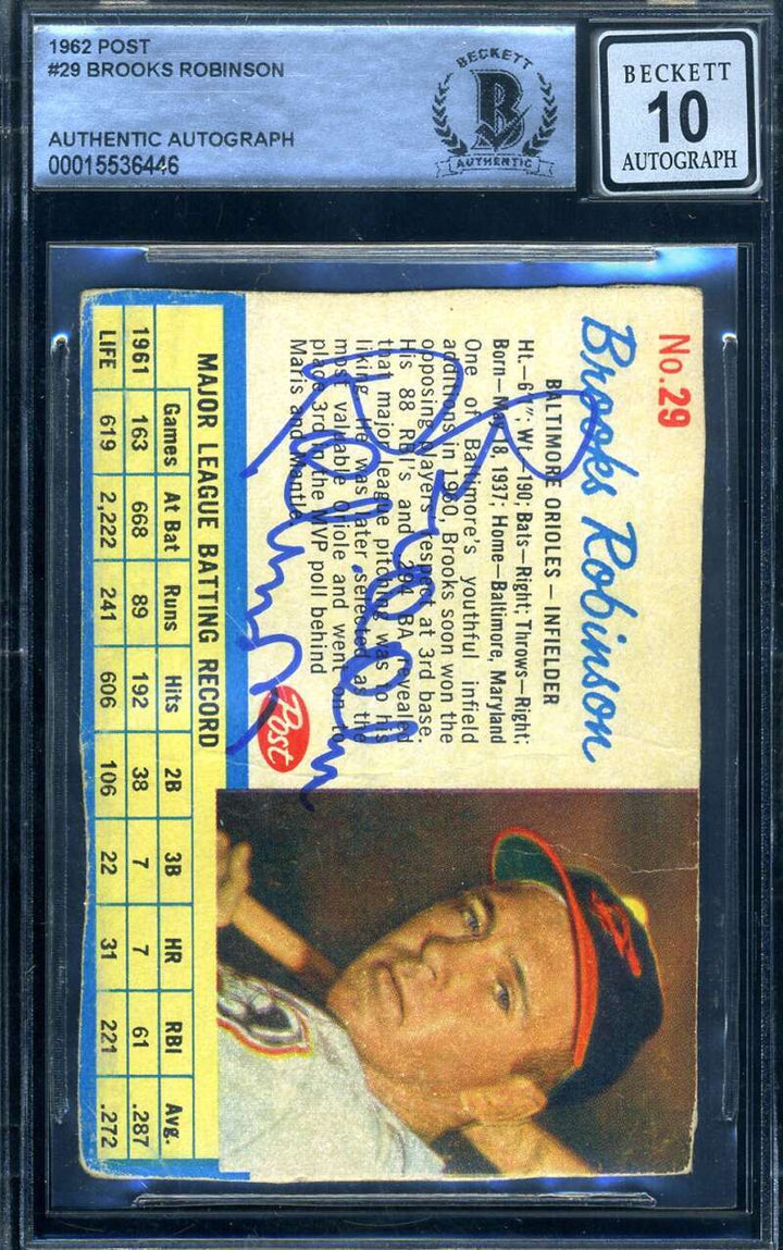 Brooks Robinson Gem Mint 10 Beckett BAS Signed 1962 Post Autograph