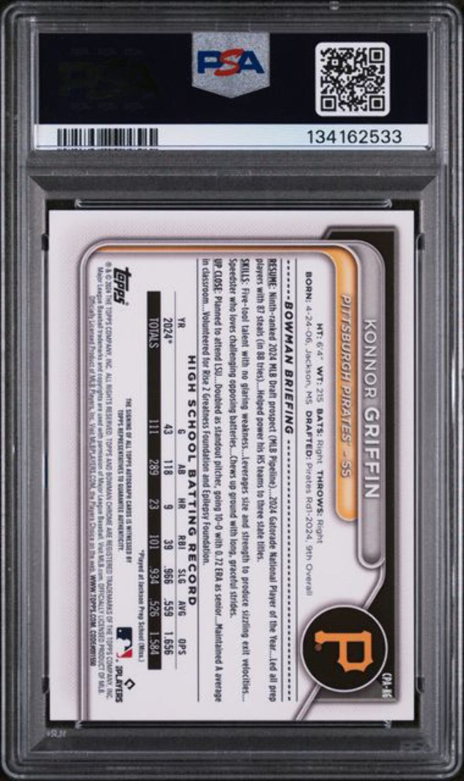 Graded 2024 Bowman Draft Konnor Griffin #CPAKG Chrome Auto 1st Rookie Card PSA 9