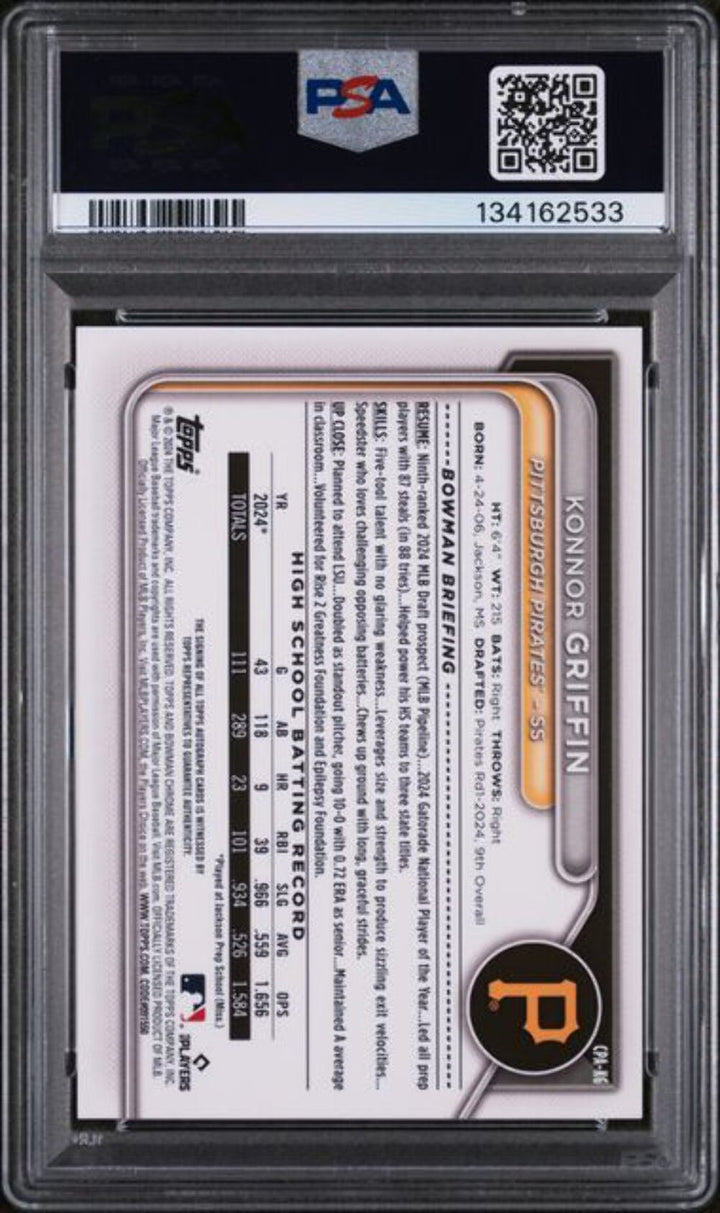 Graded 2024 Bowman Draft Konnor Griffin #CPAKG Chrome Auto 1st Rookie Card PSA 9