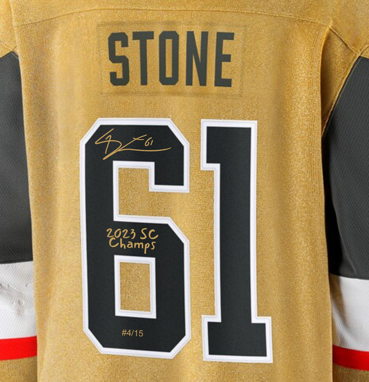 Mark Stone Signed Vegas Golden Knights Gold Jersey #/15 Inscribed Champs IGM COA