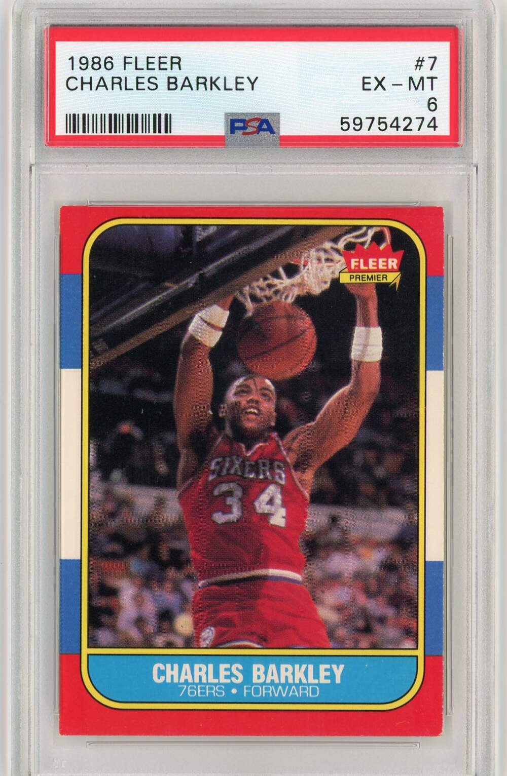 Graded 1986 Fleer Charles Barkley #7 Rookie RC Basketball Card PSA 6 EX-MT