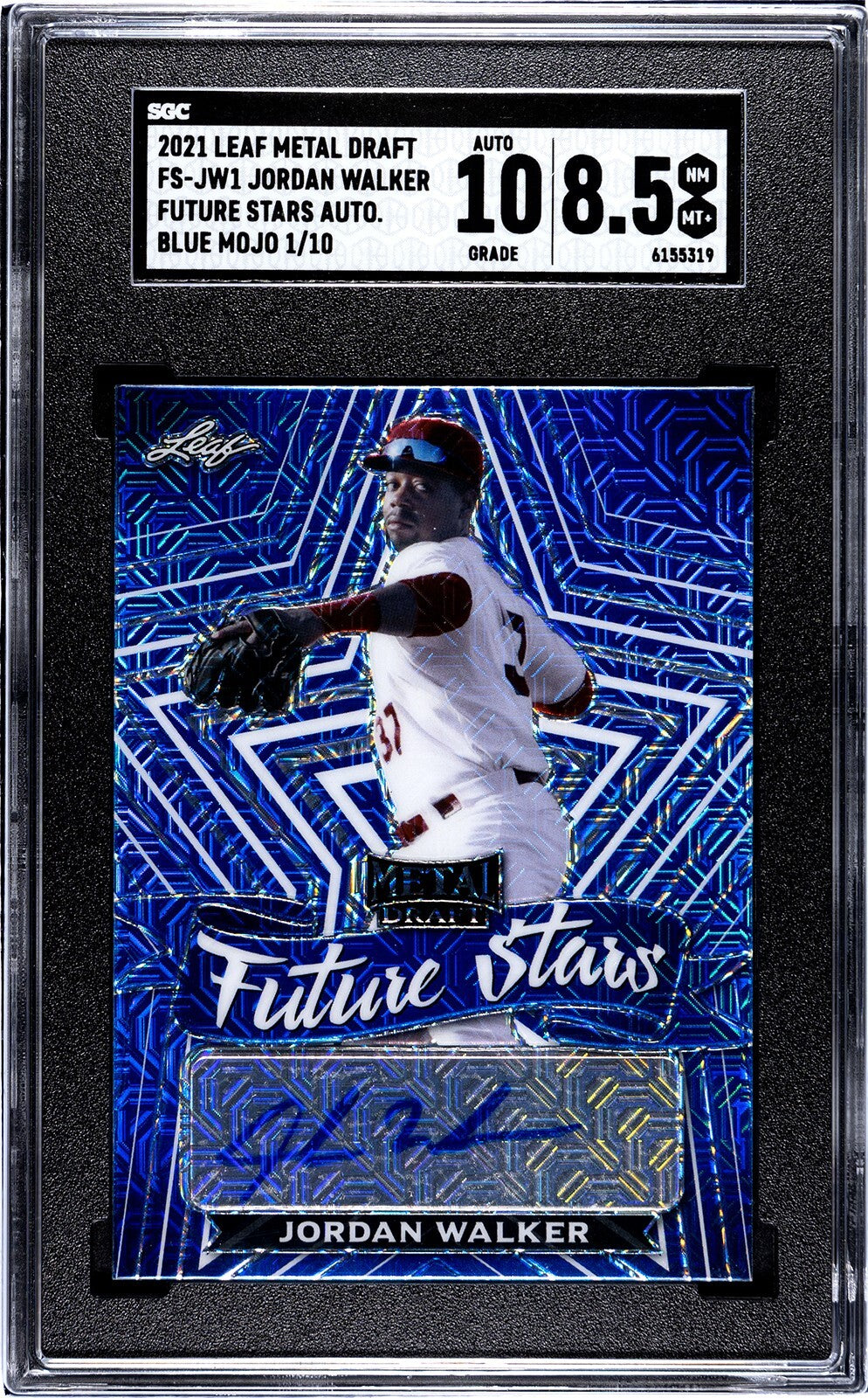 Jordan Walker signed 2021 Leaf Metal Draft Blue Mojo Rookie Auto Card- SGC 8.5