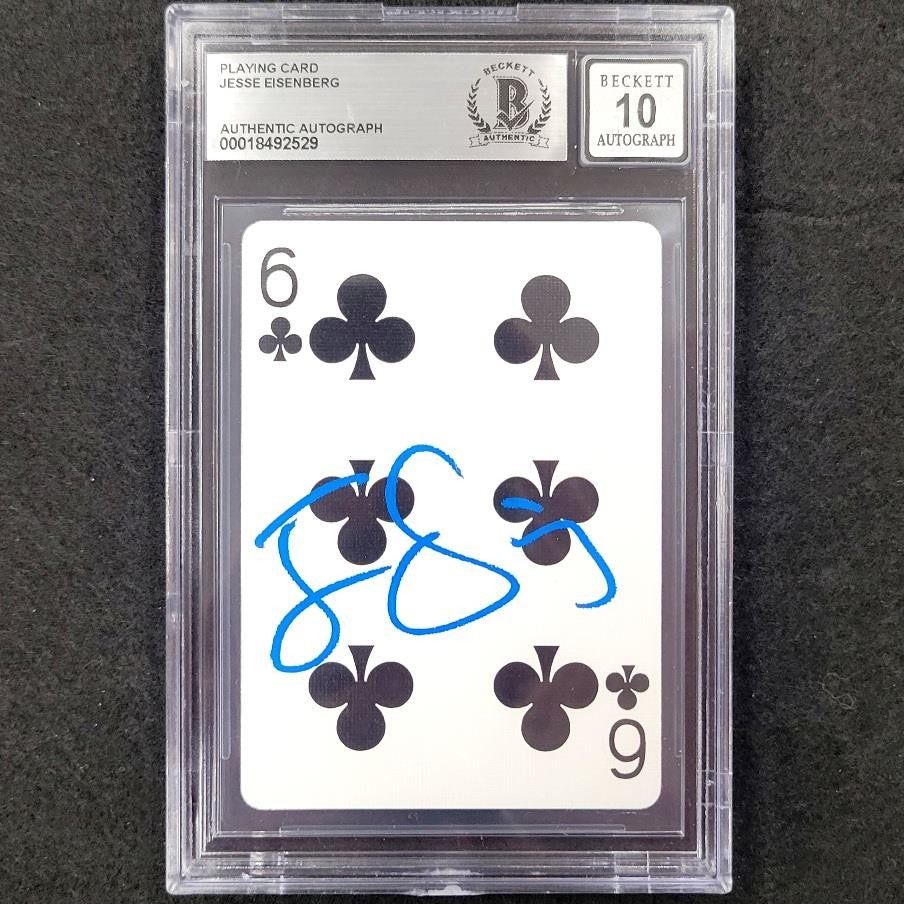 Jesse Eisenberg signed 6 Clovers Playing Card Now You See Me Beckett BAS 10 auto