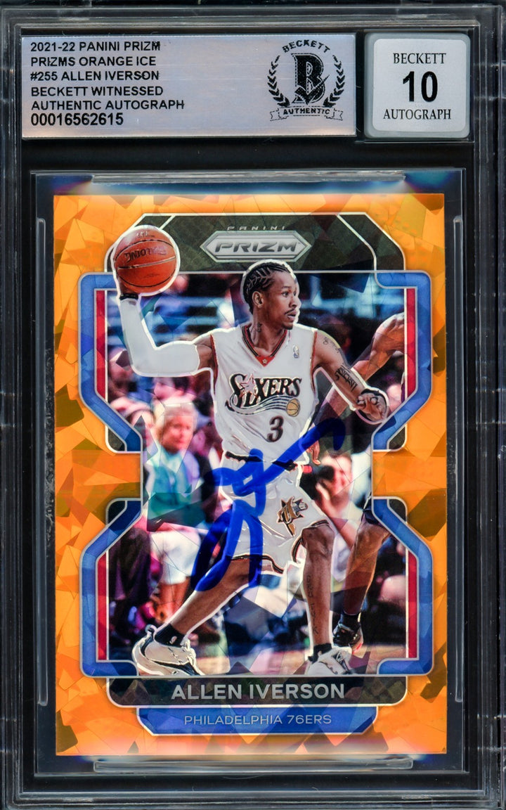 Allen Iverson Auto 2021-22 Prizm Orange Ice Card 255 76ers Sig 10 Beckett Wit