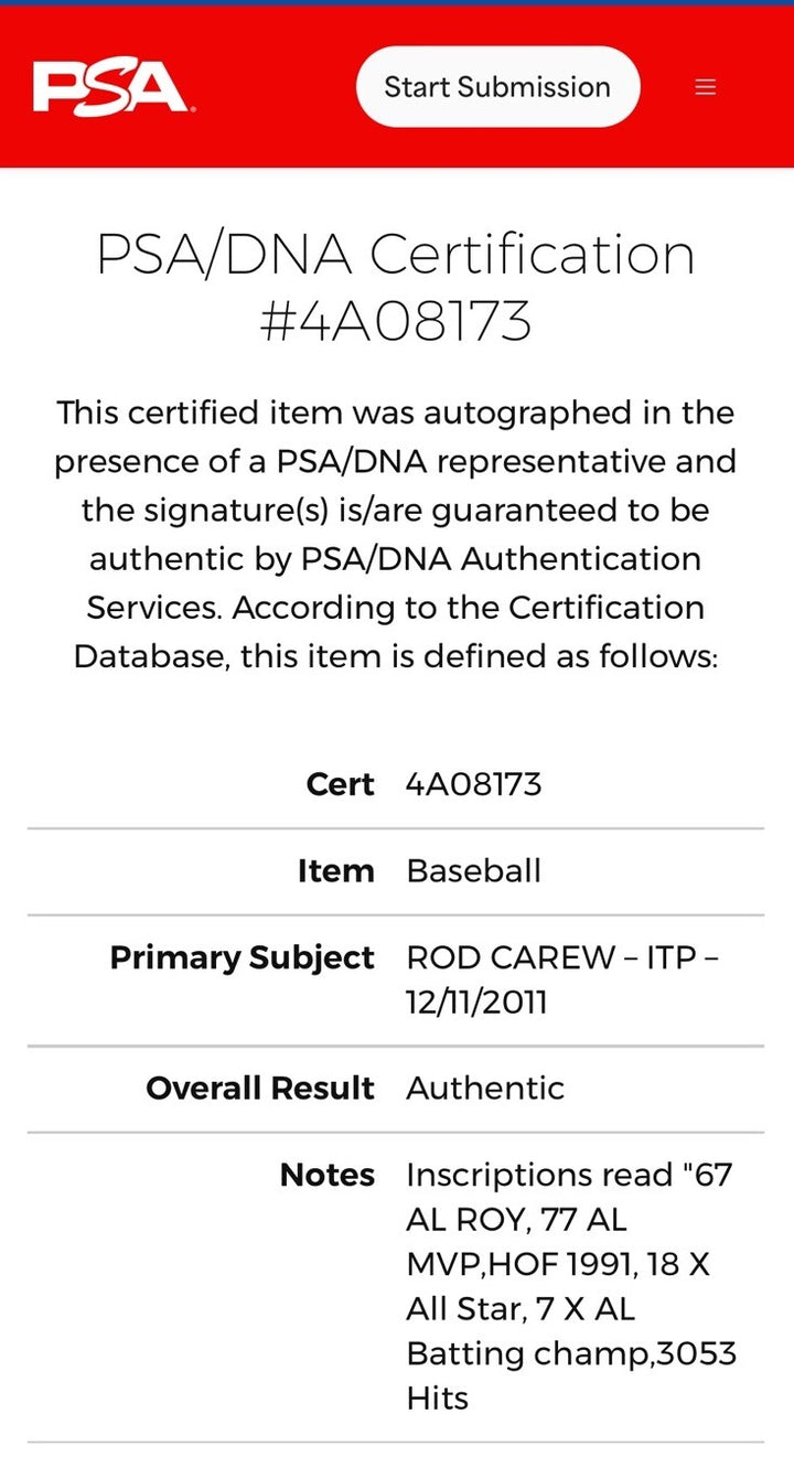 Rod Carew Signed Career 6  STAT Mlb Baseball Mint Hof Mvp Roy Twins Psa ITP Coa