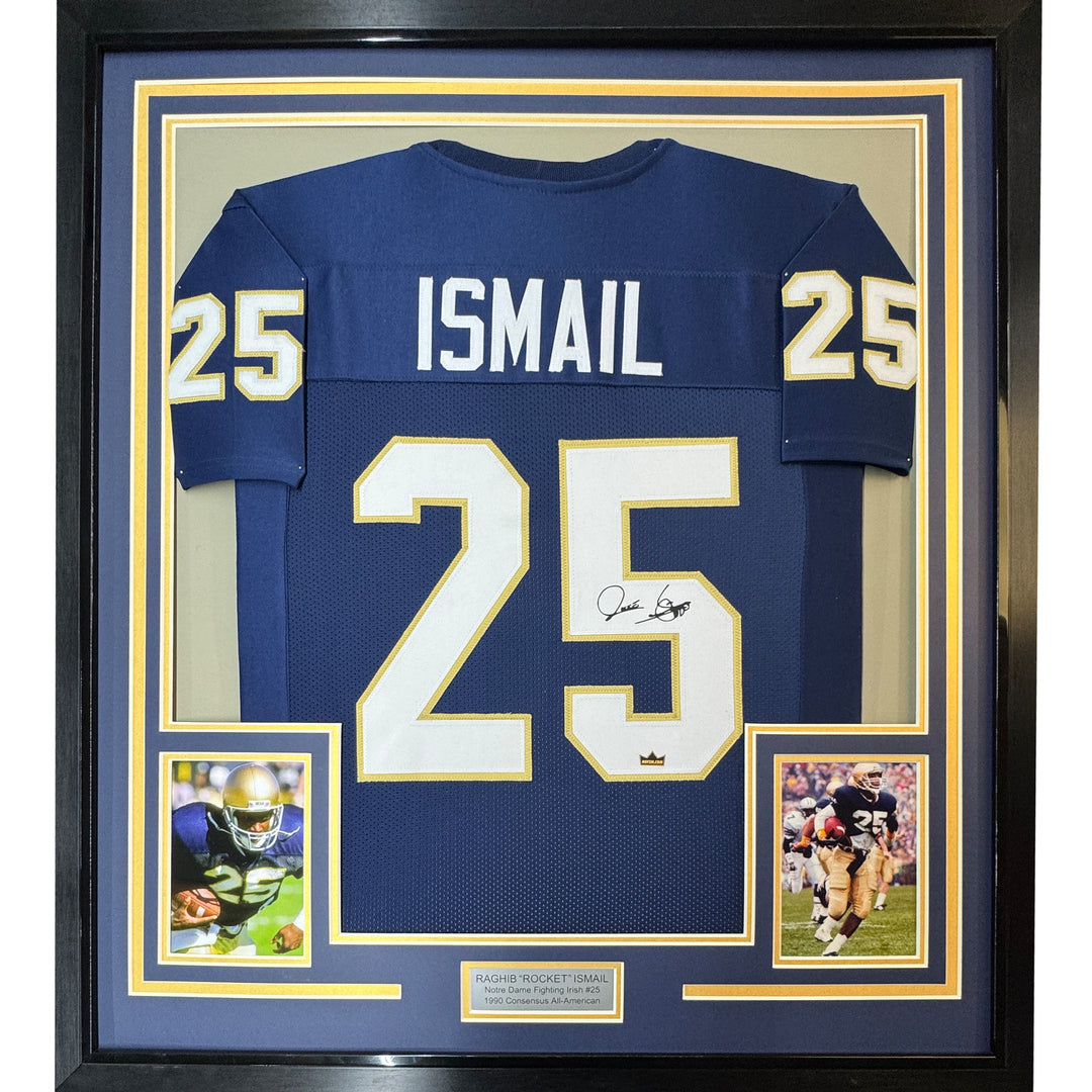 Framed Facsimile Autographed Raghib Rocket Ismail 35x39 Notre Dame Blue Jersey