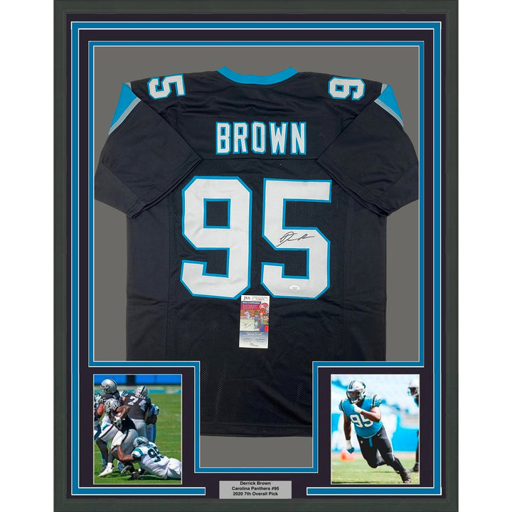 Framed Autographed/Signed Derrick Brown 35x39 Carolina Black Jersey JSA COA
