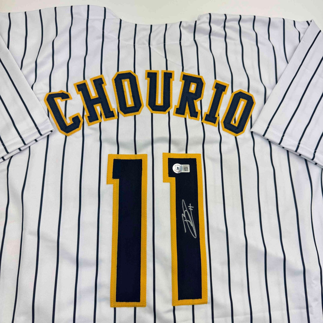 Autographed/Signed Jackson Chourio Milwaukee Pinstripe Jersey Beckett COA