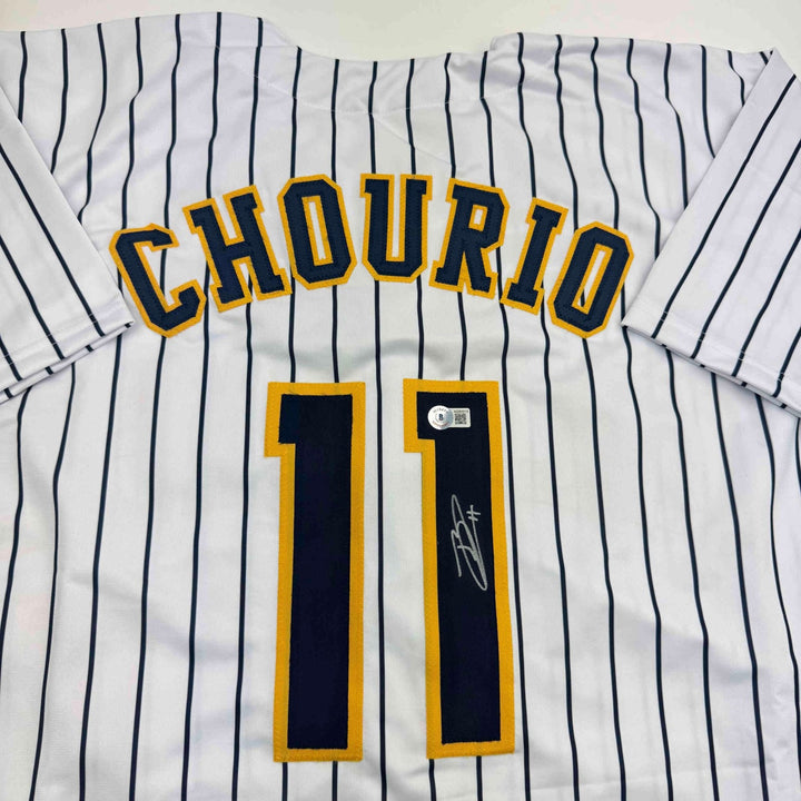 Autographed/Signed Jackson Chourio Milwaukee Pinstripe Jersey Beckett COA