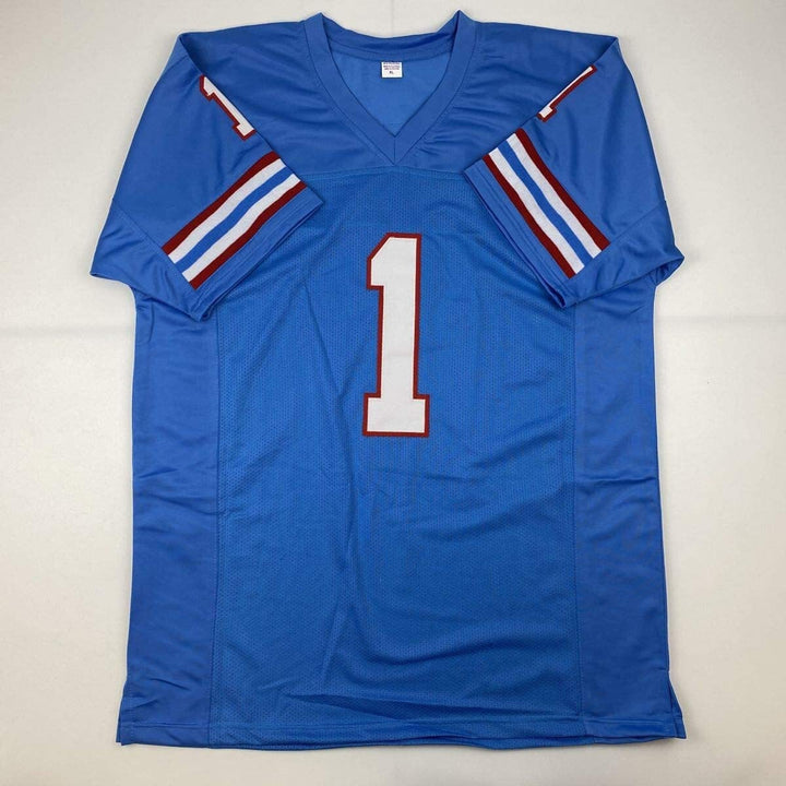 Autographed/Signed WARREN MOON HOF 06 Houston Blue Football Jersey JSA COA Auto