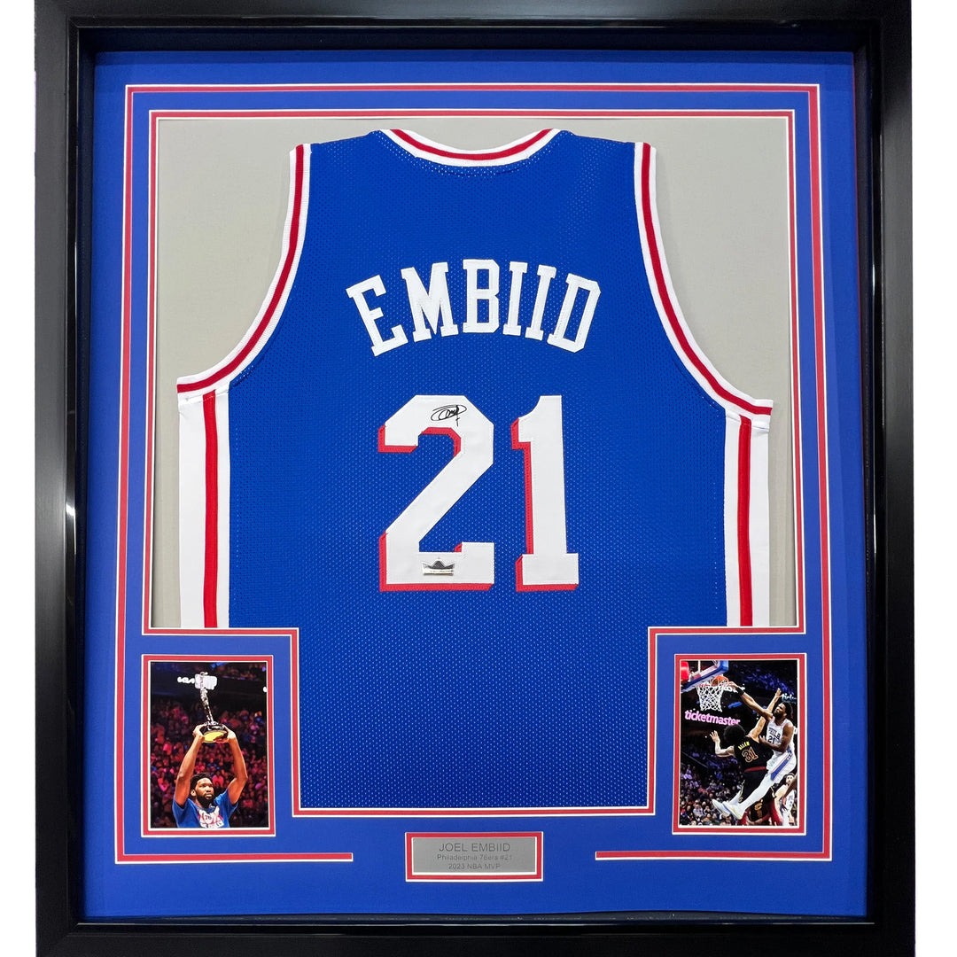 Framed Facsimile Autographed Joel Embiid 33x42 Blue Reprint Laser Auto Jersey