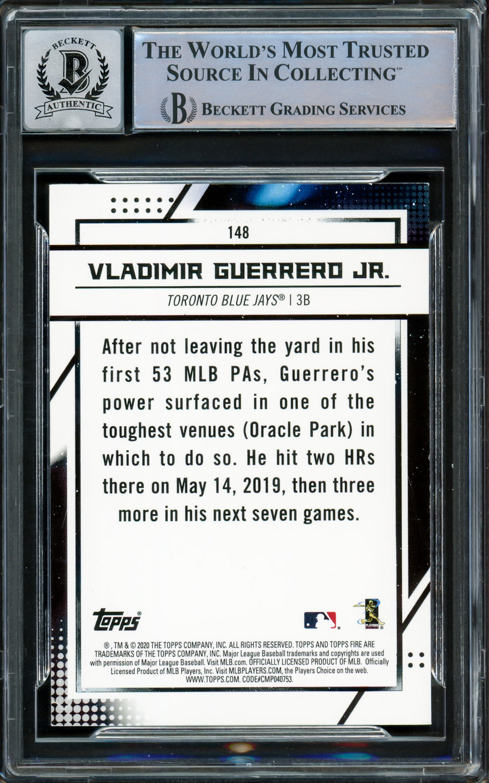 Vladimir Guerrero Jr. Autographed 2020 Topps Fire Card Gem 10 Auto Beckett
