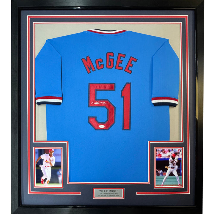 FRAMED Autographed/Signed WILLIE MCGEE 33x42 St. Louis Blue Jersey JSA COA Auto